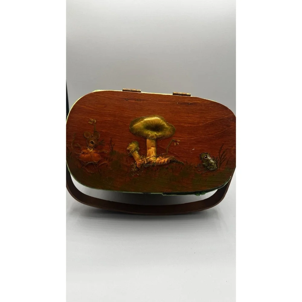 Vtg 1970's Annie Laurie Signed Hand Painted Woven Basket Purse Woodland Velvet‎